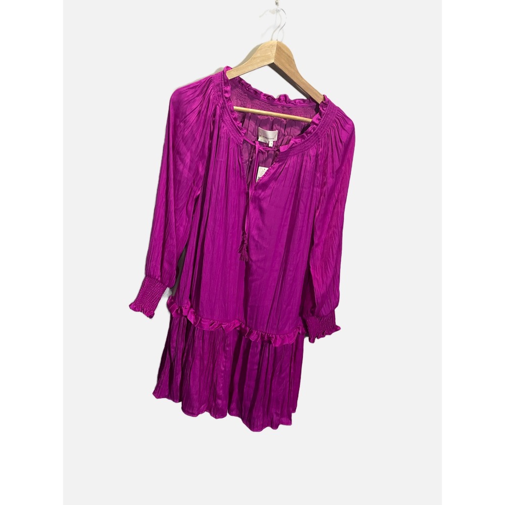 Anthropologie Mini Dress Womens XS Pink Satin Tiered Ruffle Boho Peasant New - Picture 3 of 6